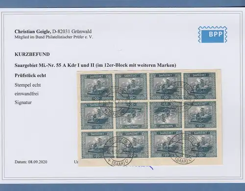 Saar 1921 Mi.-Nr. 55A Kehrdruck Kdr I und II im 12er-Block O, mit KB Geigle BPP