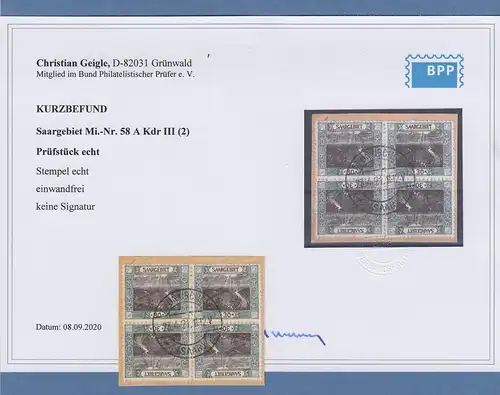 Saar 1921 Mi.-Nr. 58A Kehrdruck Kdr III  2 mal im 4er-Block O, mit KB Geigle BPP