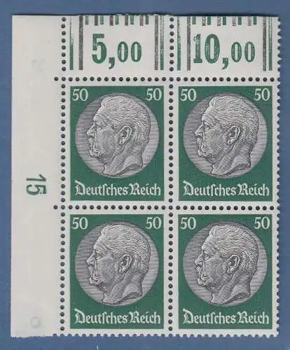 Dt. Reich Hindenburg Waffeln 50 Pfg. Mi.-Nr. 492 Eckrandviererblock OL mit DZ 15