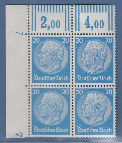 Dt. Reich Hindenburg Waffeln 20 Pfg. Mi.-Nr. 489 Eckrandviererblock OL mit DZ 7