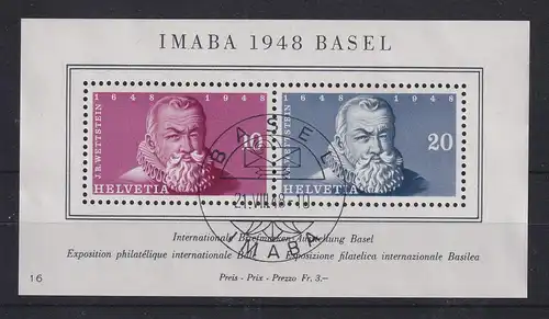 Schweiz 1948 Blockausgabe IMABA Mi.-Nr. Block 13 mit Ersttags-Sonderstempel