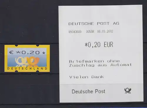 Deutschland ATM Mi.-Nr. 4.1, Wert € 0,20 ** mit Automaten-Quittung