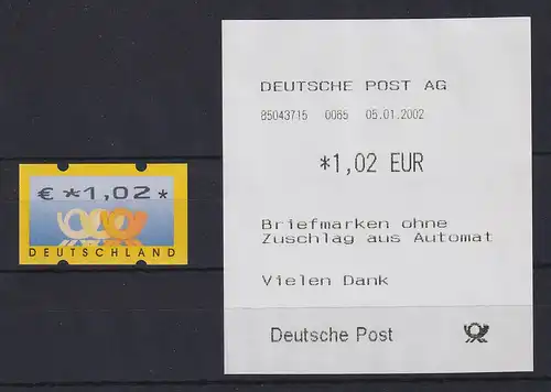 Deutschland ATM Mi.-Nr. 4.1, Wert € 1,02 ** mit Automaten-Quittung