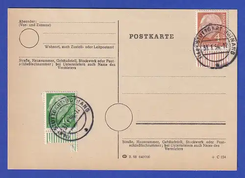 Heuss 4 Pfg. und 10Pfg  auf FDC-Karte mit Tages-O STUTTGART-BOTNANG  31.1.54