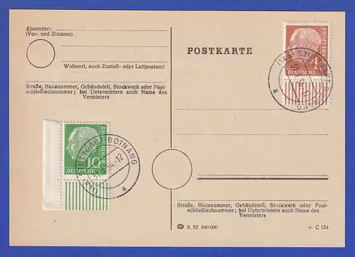 Heuss 4 Pfg. und 10Pfg Ecke auf FDC-Karte mit Tages-O STUTTGART-BOTNANG  31.1.54