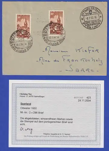 Saarland 1950 Ottweiler Mi.-Nr. 296 als MEF auf portogerechtem Brief, FB Ney