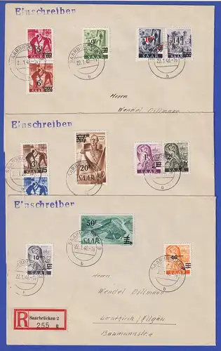 Saarland 1947 Aufdruck-Ausgabe Mi.-Nr. 226-238 Type II kpl. Satz auf 3 R-Briefen