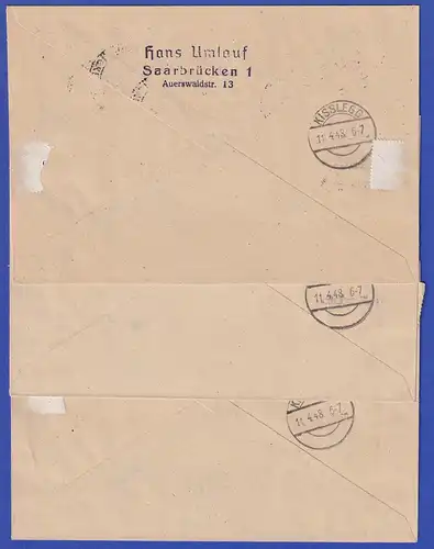 Saarland 1947 Aufdruck-Ausgabe Mi.-Nr. 226-238 Type II  Satz auf 3 R-Briefen