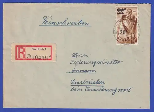 Saarland R-Brief von Saarlouis nach Saarbrücken mit EF 20 Fr. Mi-Nr. 237 II