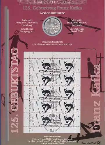 Bundesrepublik Numisblatt 3/2008 Franz Kafka mit10-Euro-Silbermünze 