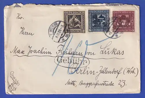 Österreich 1926 nachtaxierter Brief von Wien nach Berlin mit Mi.-Nr. 488-90 