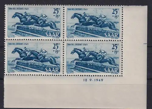 Saarland 1949 Tag des Pferdes Mi.-Nr. 266 Eckrandviererblock mit Druckdatum ** 