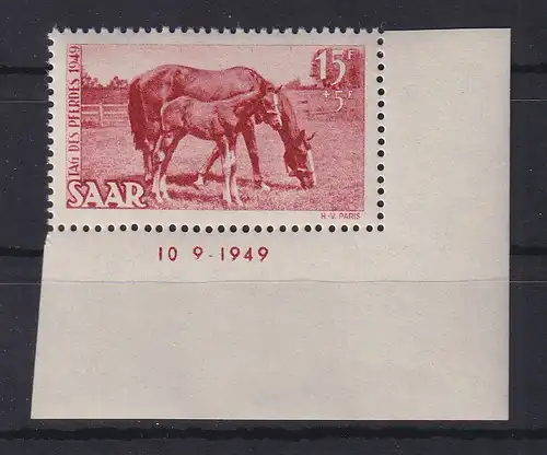 Saarland 1949 Tag des Pferdes Mi.-Nr. 265 Eckrandstück mit Druckdatum ** 