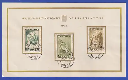 Saarland Volkshilfe 1955 Dürer-Zeichnungen Mi.-Nr. 365-67 auf Schmuckblatt ET-O