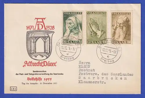Saarland Volkshilfe 1955 Dürer-Zeichnungen Mi.-Nr. 365-67 auf Schmuck-FDC