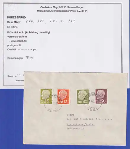 Saarland 1.1.57 FDC mit 4 Heuss-Werten Mi.-Nr. 384, 387, 393, 396 gepr. Ney BPP