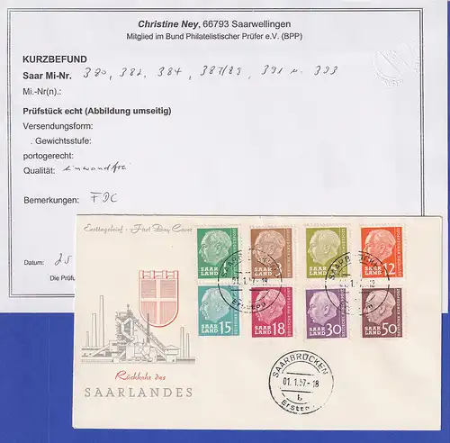 Saarland 1.1.57 FDC mit 8 Heuss-Werten gepr. mit Befund Ney BPP