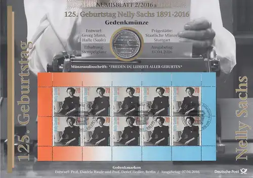 Bundesrepublik Numisblatt 2/2016 Nelly Sachs mit 20-Euro-Gedenkmünze 