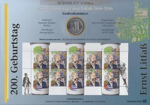 Bundesrepublik Numisblatt 3/2016 Ernst Litfaß mit 20-Euro-Gedenkmünze 