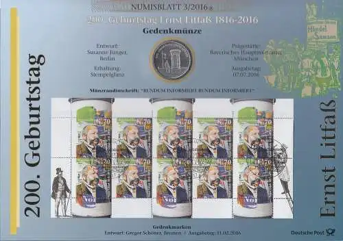 Bundesrepublik Numisblatt 3/2016 Ernst Litfaß mit 20-Euro-Gedenkmünze 