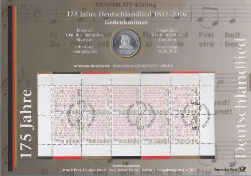 Bundesrepublik Numisblatt 4/2016 Deutschlandlied mit 20-Euro-Gedenkmünze 