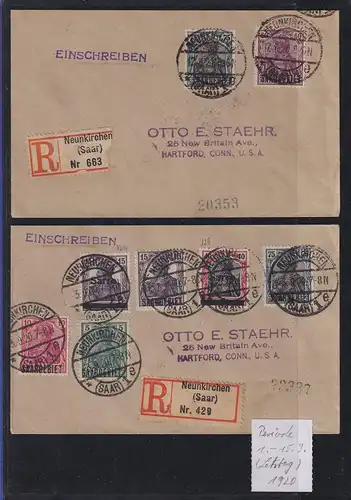 Saargebiet Aug.-Sept 1920 Lot 2 R-Briefe gelaufen in die USA 