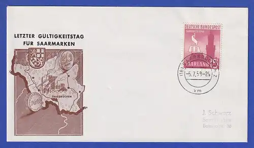 Saarland Saarmesse 1958 Mi.-Nr. 435 auf Umschlag mit LT-O Saarland 5.7.59