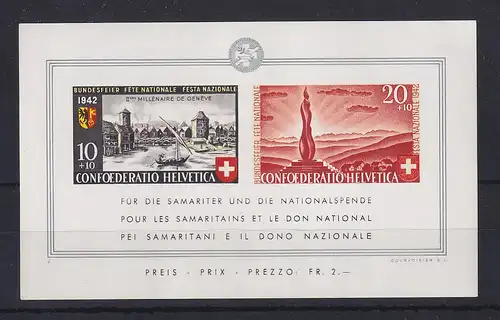 Schweiz 1942 Blockausgabe Pro Patria /  2000 Jahre Genf, Mi.-Nr. Block 7 **