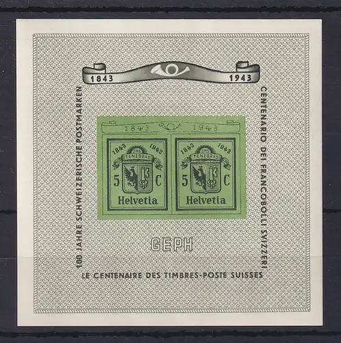 Schweiz 1943 100 Jahre Briefmarken Genf, sog Doppelgenf Mi.-Nr. Block 10 **