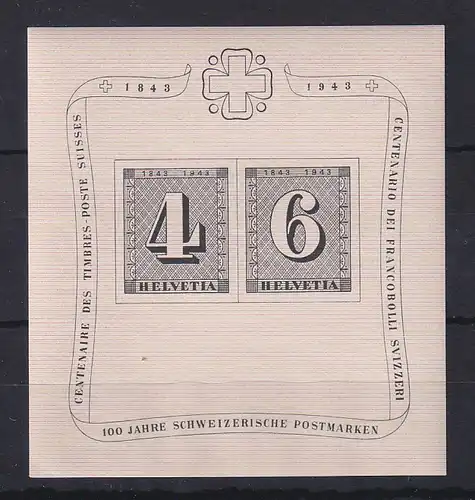 Schweiz 1943 100 Jahre Briefmarken Zürich 4 und 6  Mi.-Nr. Block 8 **