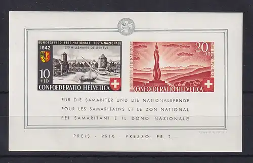 Schweiz 1942 Blockausgabe Pro Patria Genf-Jubiläum Mi.-Nr. Block 7 **