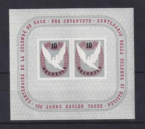 Schweiz 1945 Blockausgabe 100 Jahre Briefmarke "Basler Taube" Mi-Nr. Block 13 **