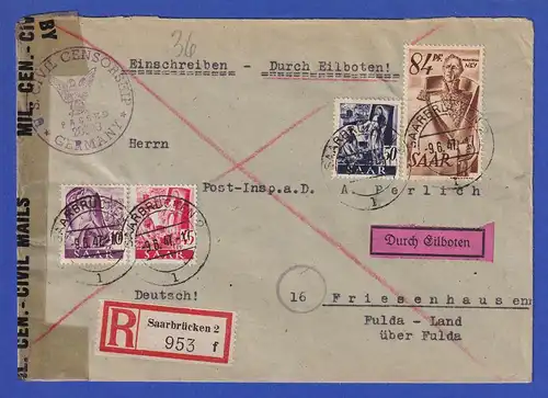 Saarland 1947 Freimarken Mi.-Nr. 210,219, 220, 224 auf R-Express Brief. 