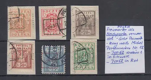 Polen / Polska 1919 Freimarken als Portomarken überdruckt. Lot 6 Werte O, 2 gpr.