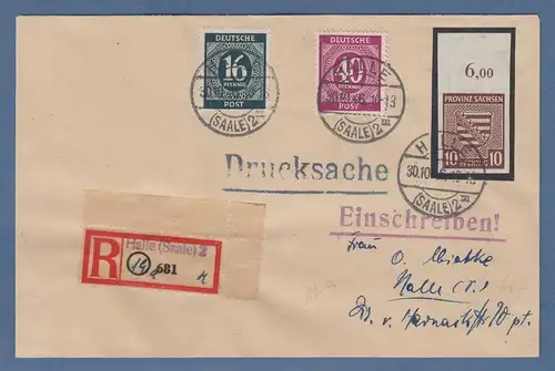 SBZ Provinz Sachsen Mi.-Nr. 72 Oberrandstück auf Einschreibe-Drucksache O HALLE