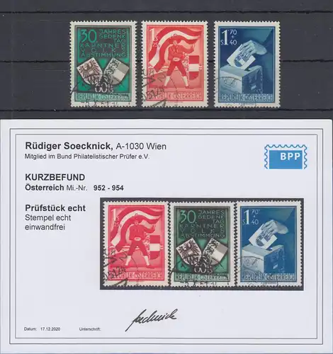 Österreich 1950 Volkswahlen Mi.-Nr. 952-54 Satz kpl. gest mit KB Soecknick BPP