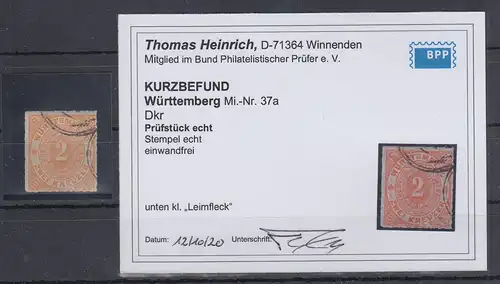 Altdeutschland Württemberg 2 Kreuzer Mi.-Nr. 37a gestempelt, mit KB Heinrich BPP