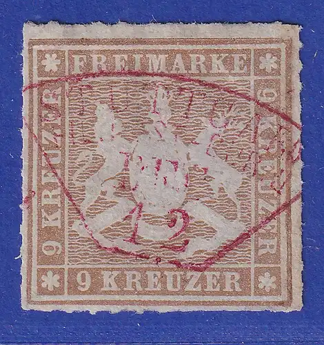 Württemberg 9 Kreuzer fahlbraun Mi.-Nr. 33b roter Fächer-O STUTTGART gepr.  BPP