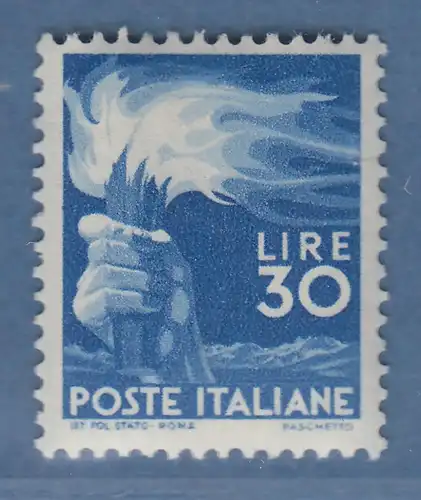 Italien 1947 Freimarke Demokratie Fackel 30 Lire  Mi.-Nr. 702A **  Riss rechts.