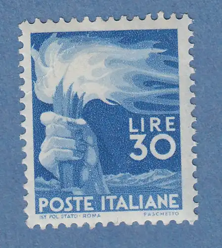 Italien 1947 Freimarke Demokratie Fackel 30 Lire  Mi.-Nr. 702A **  Eckbug.