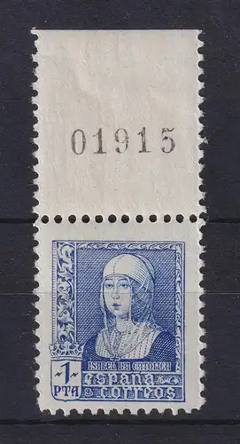 Spanien 1938 Königin Isabella 1 Pta Mi.-Nr. 816 ** Oberrandstück