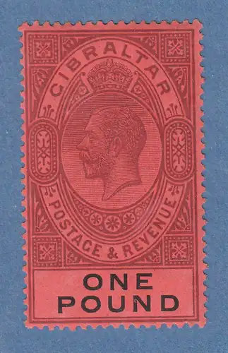 Gibraltar 1912 Georg V. 1 Pfund  lila / schwarz / rot  Mi.-Nr. 74 postfrisch **