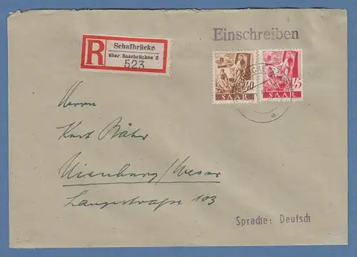 Saarland 1947 Mi.-Nr. 218 und 219 auf R-Brief, O SCHAFBRÜCKE 28.7.47