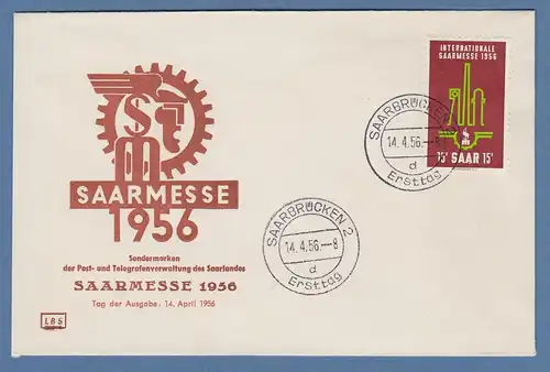 Saarland 1956 Saarmesse Mi.-Nr. 368 a. FDC mit ET-O SAARBRÜCKEN 14.4.56