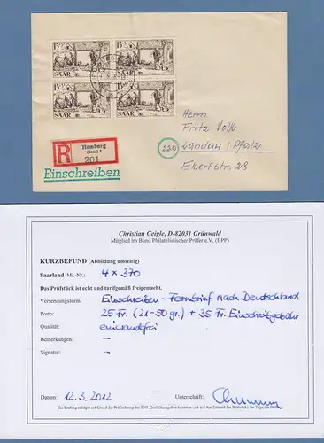 Saarland 1956 Rotes Kreuz Mi-Nr 370 VB  als MEF auf R-Bf. mit O HOMBURG 11.5.56