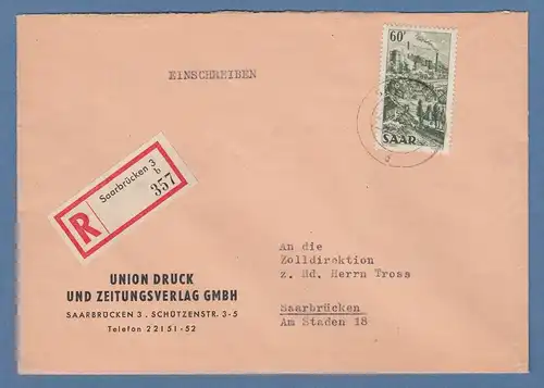 Saarland Freimarke 60f Mi.-Nr. 287 als portoger. EF auf R-Brief 21-50g 