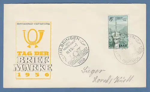 Saarland 1956 Tag der Briefmarke, Fernmeldeturm Mi.-Nr. 369 FDC mit O HILBRINGEN