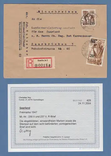 Saarland R-Brief aus Saarlouis mit Mi.-Nr. 230 II und 237 II,  Befund Ney BPP