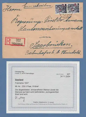 Saarland Mi.-Nr. 235 II senkr. Paar als MEF auf R-Brief aus Lebach, Bef. Ney BPP