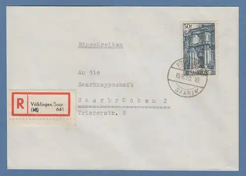 Saarland 50 Franc Mi.-Nr. 251 auf R-Brief aus Völklingen, 19.8. 50